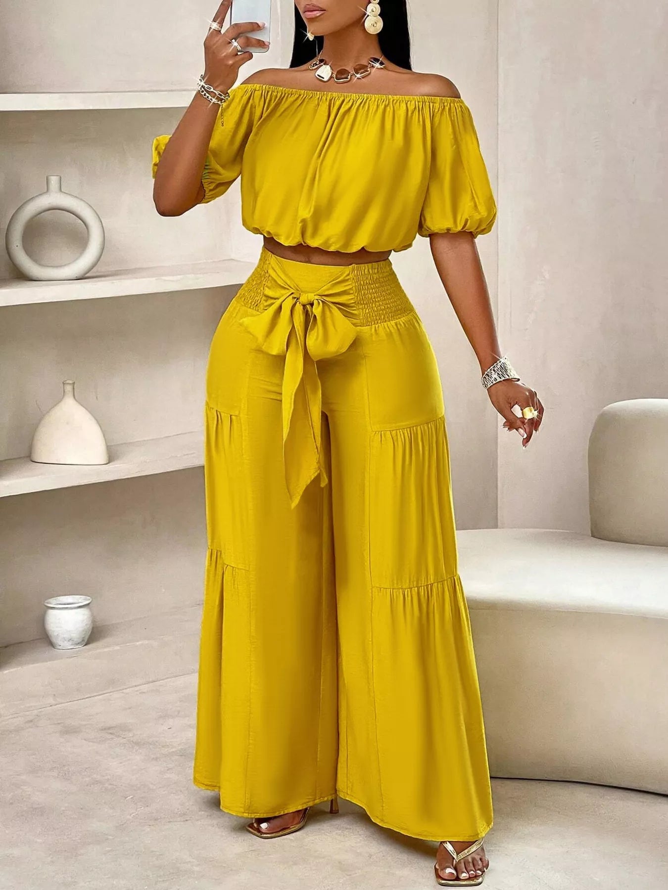 Elegant Off-Shoulder Crop Top and Ruched Wide Leg Pants Set a4360091c302459ea9ca195511228e6d-Max-Origin