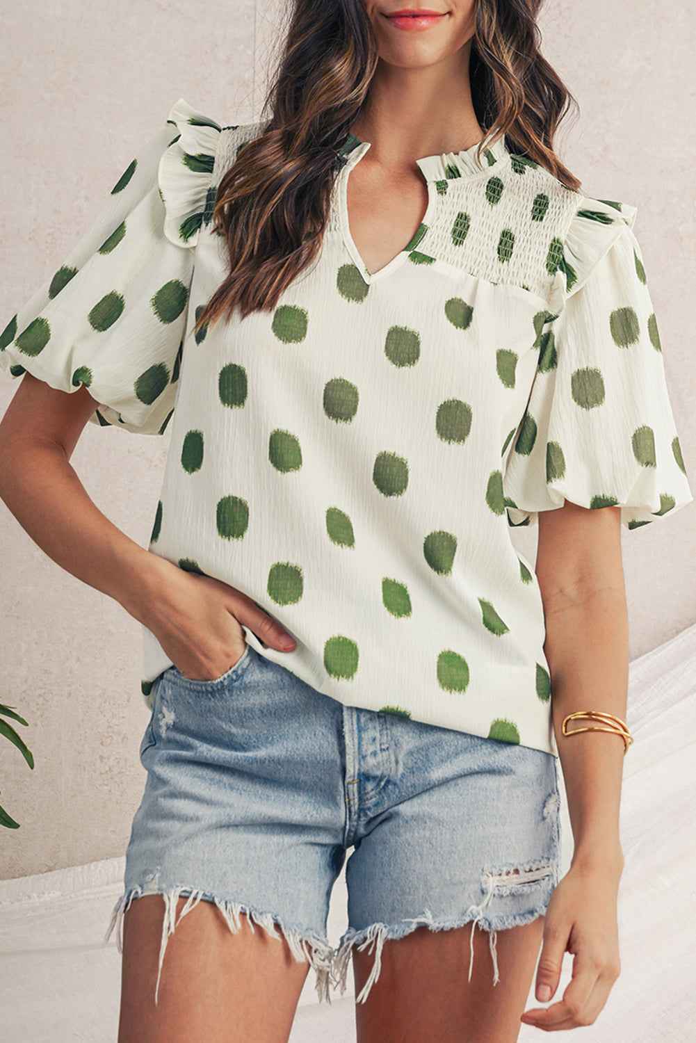 Rose Polka Dot Print Shirred Notched Neck Puff Sleeve Blouse Apricot a43729198f38aa43