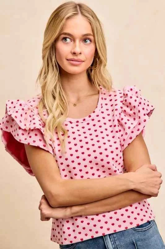 BiBi Heart Patterned Knit Ruffled Sleeves Top PINK RED a43b1b54-f1b4-4087-8941-12d0c057e85e-Max-Origin