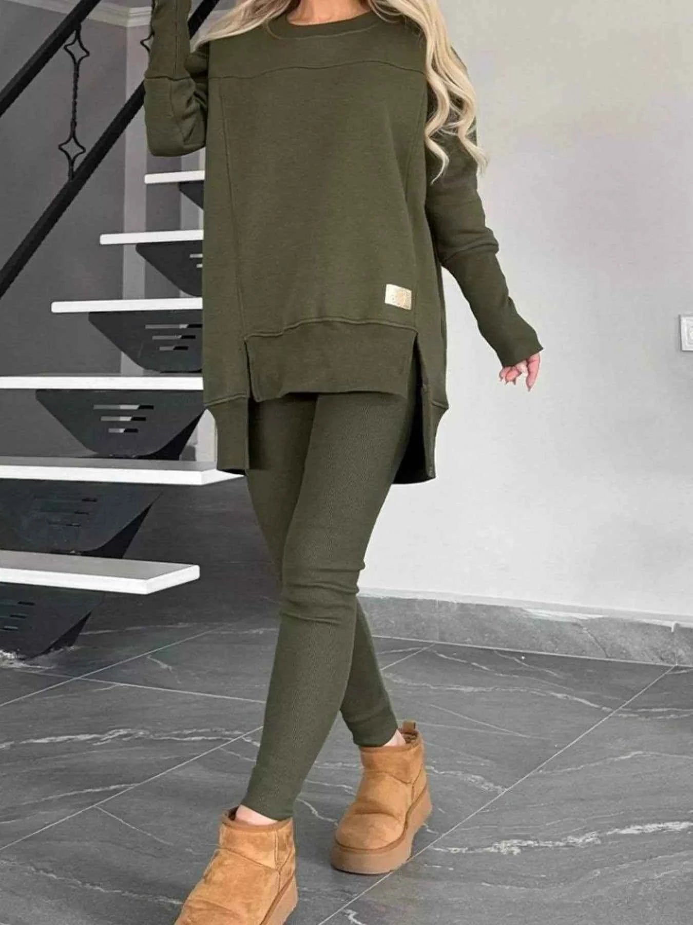 Full Size Slit Round Neck Top and Pants Set Plus Size Military Green a43b2bf5845f42d8b6da078d9087baf3-Max-Origin