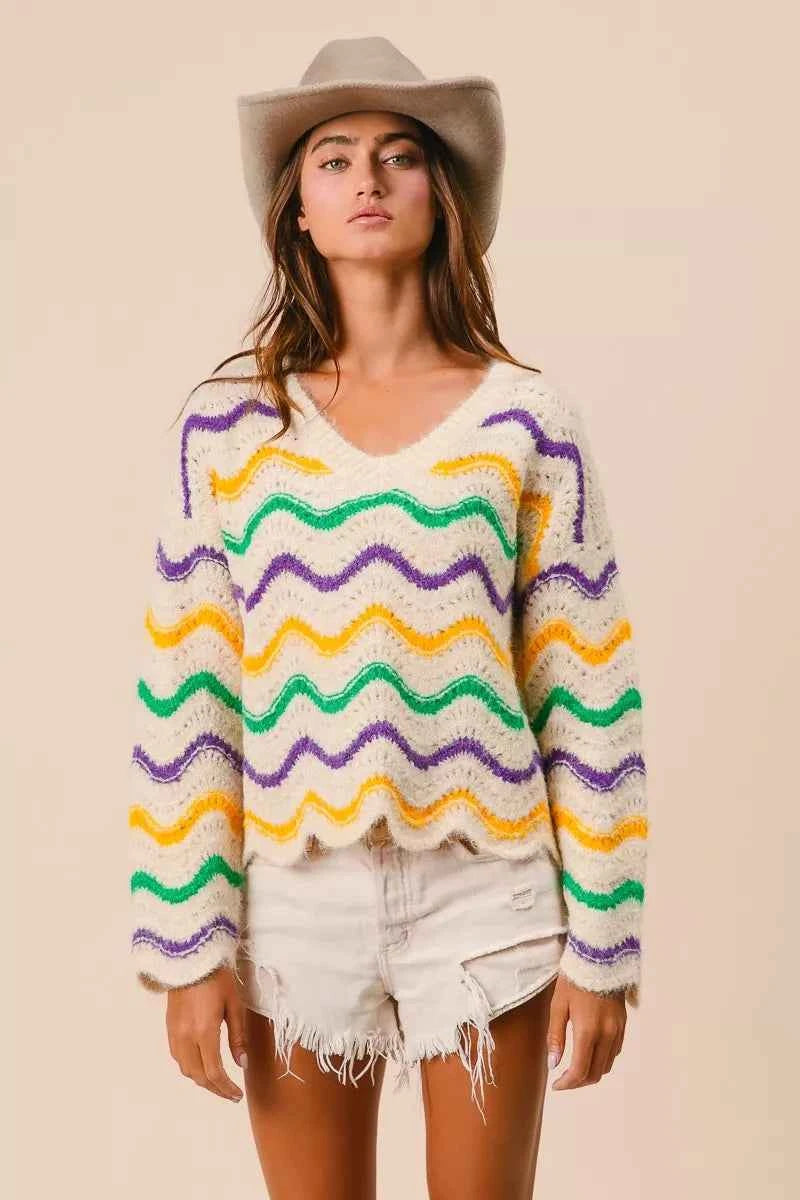 BiBi Mardi Gras Wavy Stripes V-Neck Sweater a43b866f674f43a0805f4406d36f725a-Max-Origin