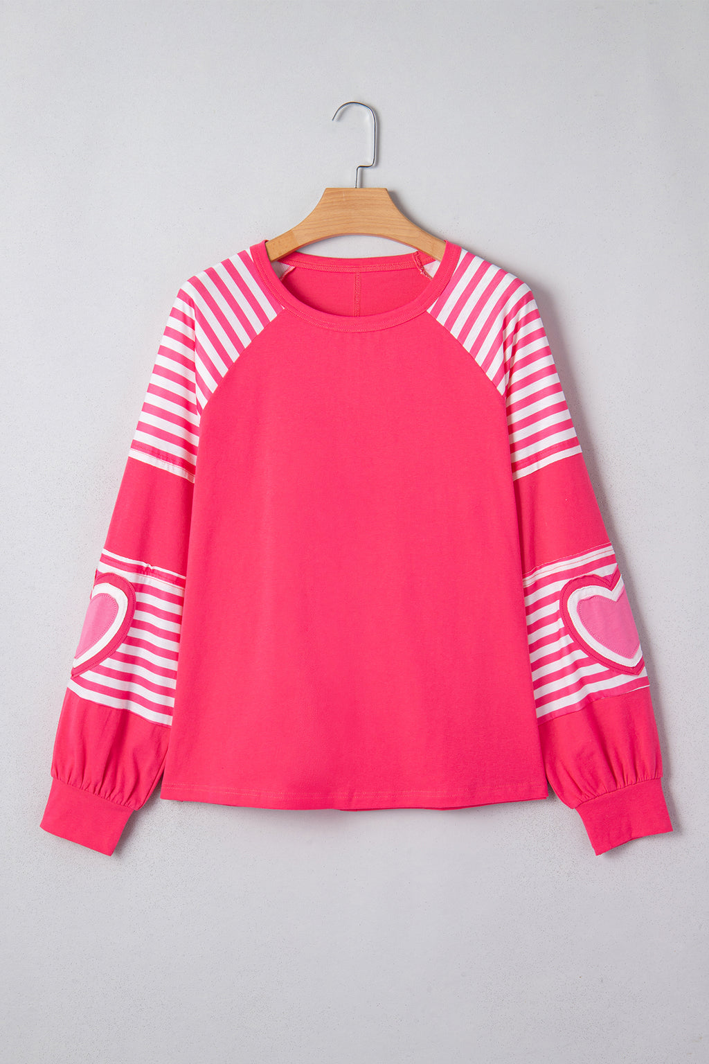 Strawberry Pink Heart Shape Striped Patchwork Long Sleeve Loose Top a43d47d60244fd8c
