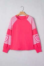 Strawberry Pink Heart Shape Striped Patchwork Long Sleeve Loose Top a43d47d60244fd8c