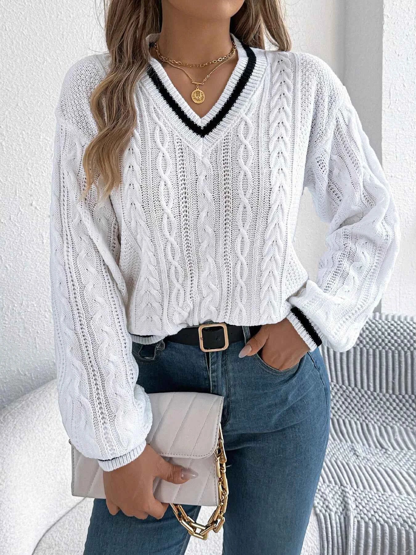 Cable Knit V-Neck Long Sleeve Sweater a441a9983b15455eb57c53d58dd38c45-Max-Origin