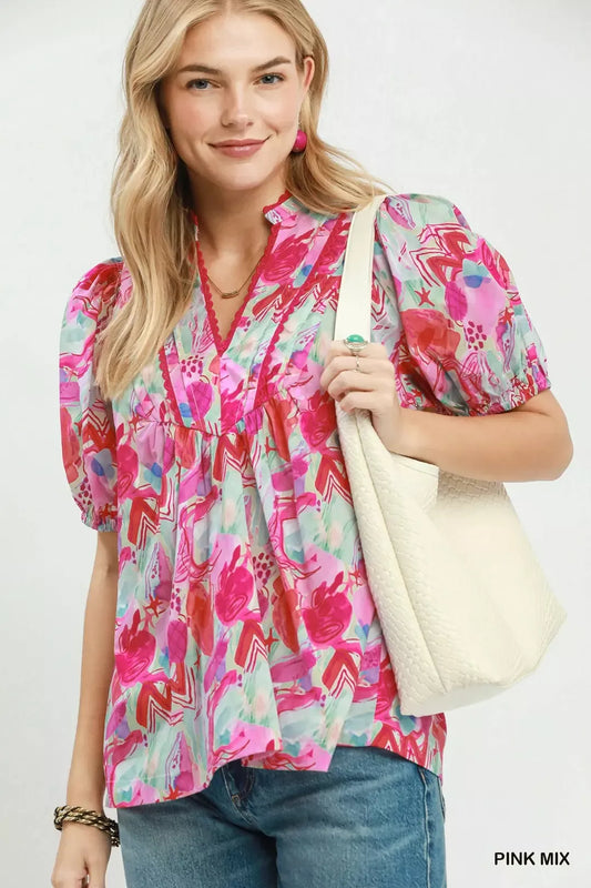 Abstract Print Puff Sleeve Top PINK MIX a442396a-7319-44bd-86f3-ad688c5a5746-Max-Origin