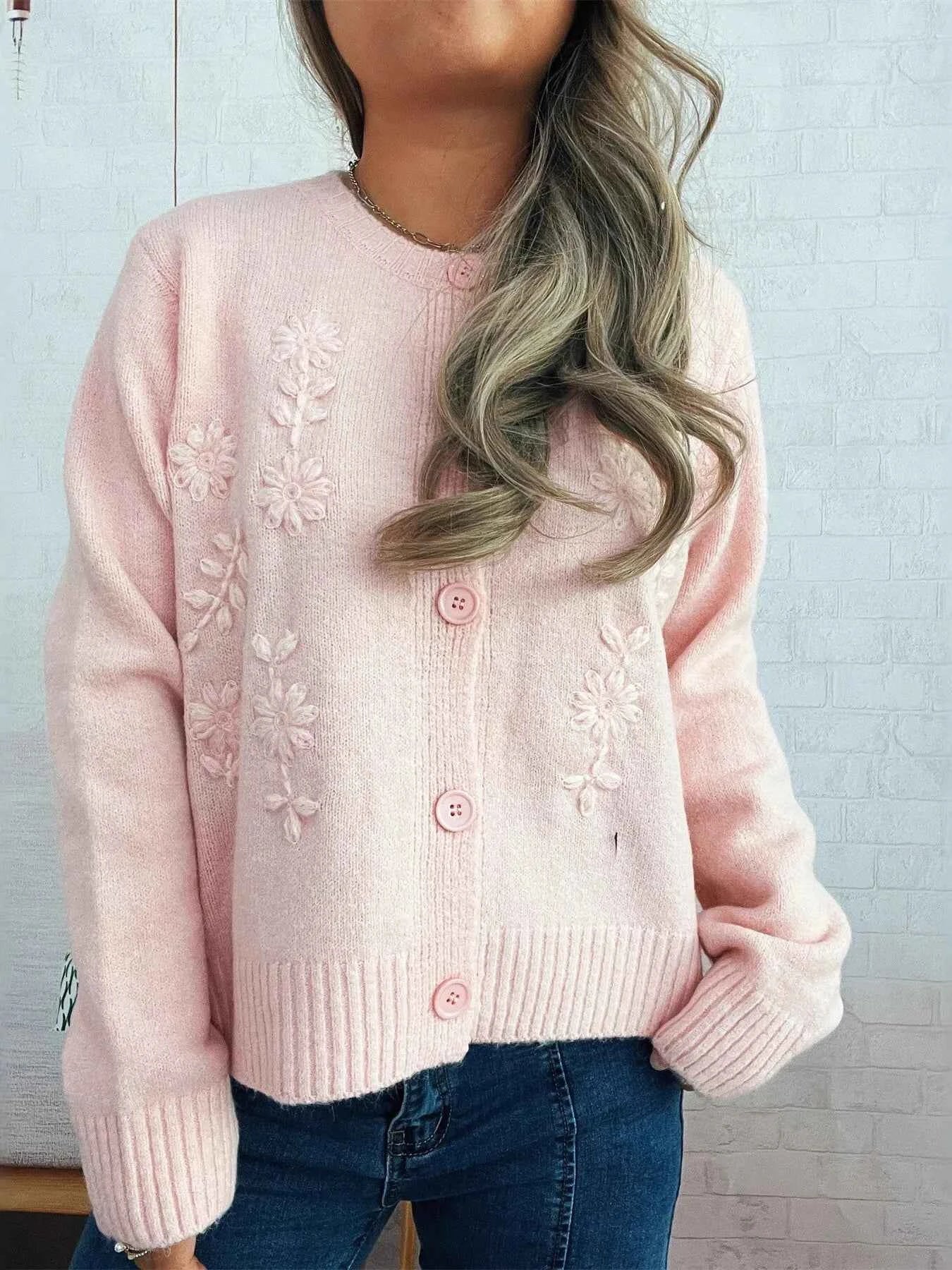 Flower Button Up Ribbed Hem Cardigan a4423b3b1f0443298c87585956c43363-Max-Origin
