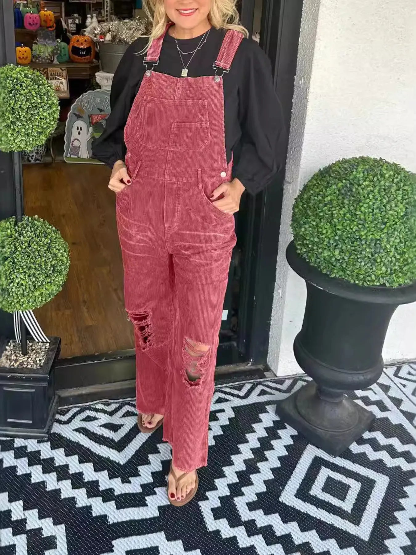 Distressed Wide Leg Corduroy Overalls Brick Red a442bf922b544a4084528eea64ca5b33-Max-Origin