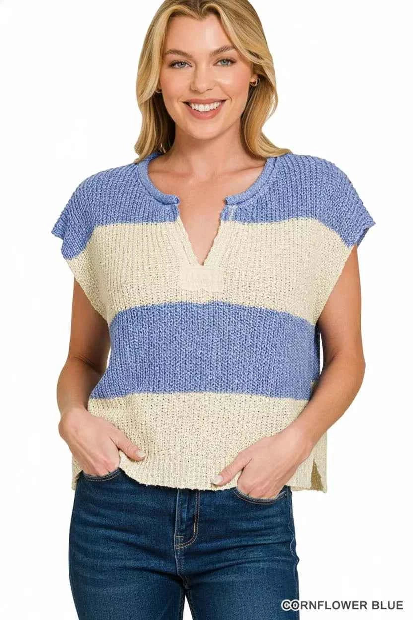 Zenana Split Neck Sleeveless Stripe Sweater a443fe58-7223-4e72-ae2f-c4780624782d-Max-Origin