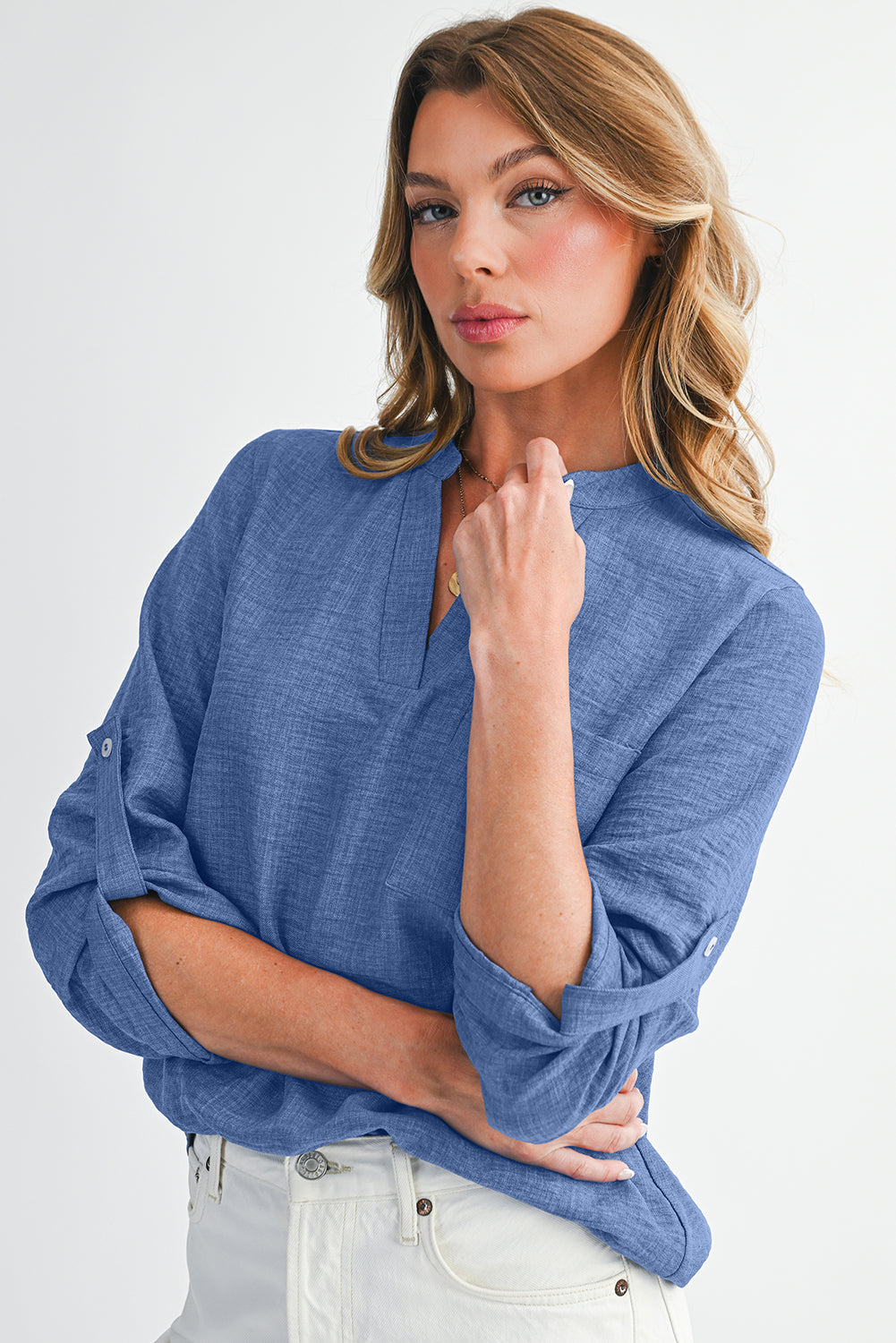 Ashleigh Blue Chest Pocket V Neck Plain Roll-up Sleeve Blouse a4500708cd16b44e