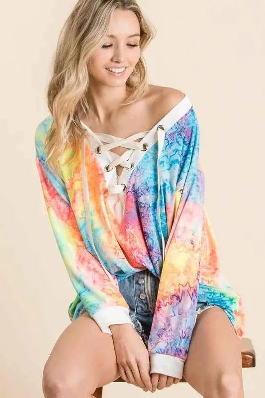 BiBi Tie Dye Deep V-neck Top With Lace Up Front a45459cfc8364ad899b6e6a58ff22bb7-Max-Origin