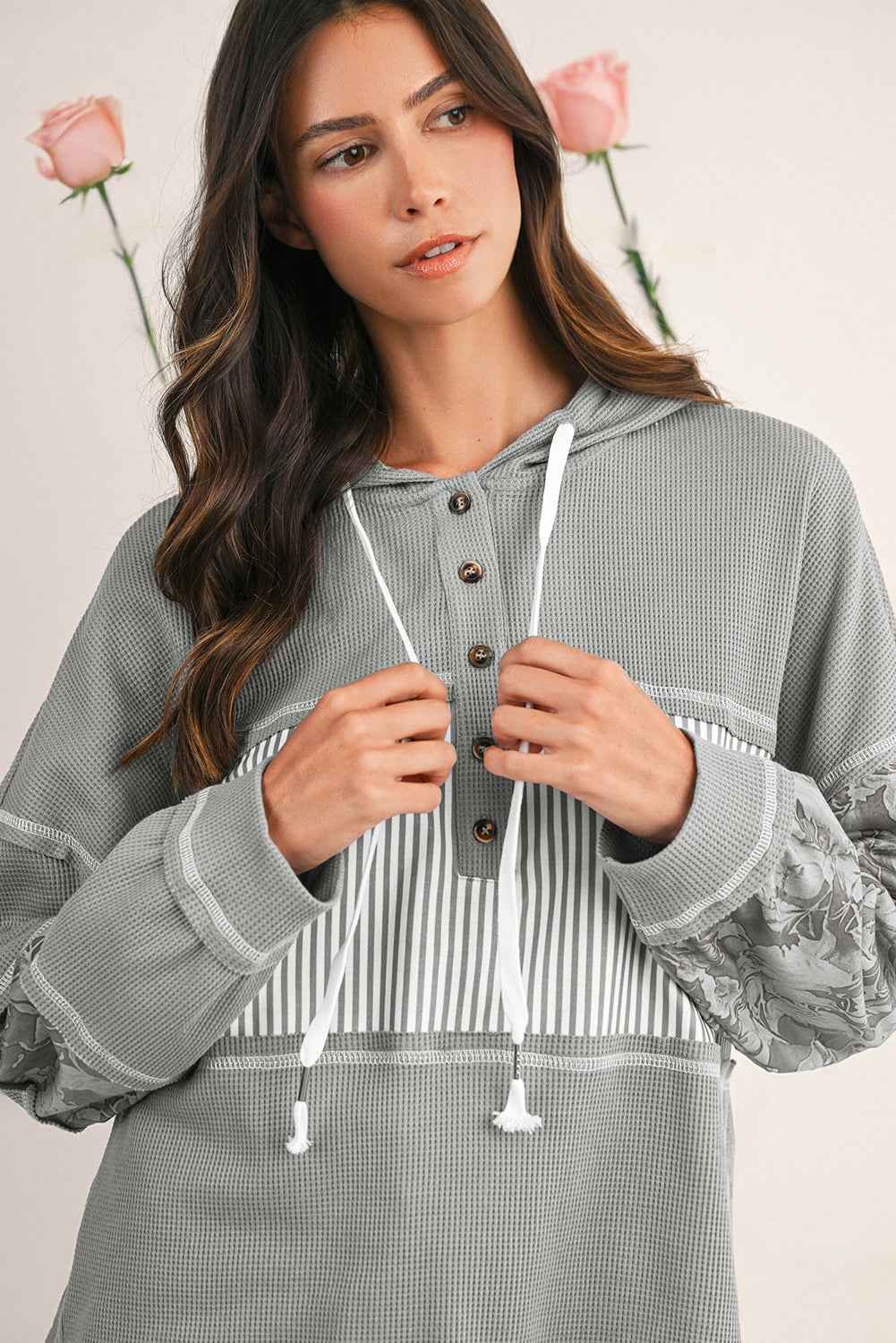 White Waffle Printed Patchwork Drawstring Hooded Long Sleeve Top a45a2914c1aabf83