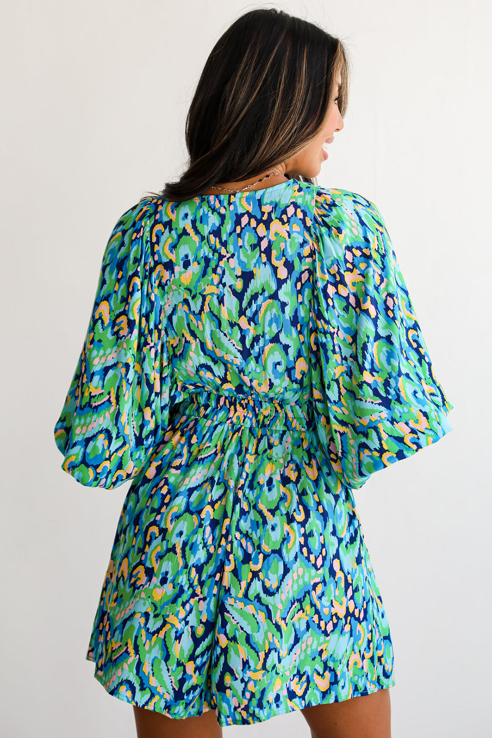 Pink Abstract Print Dolman Sleeve V Neck High Waist Romper a45daaca9ddf0444