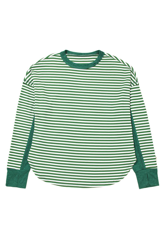 Green Stripe Exposed Seam Patchwork Plus Size Thermal Waffle Top a45e11d23cad7bf9