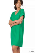 Zenana Brushed Dty Rolled Short Sleeve V-Neck Dress K GREEN a4607ce8eeef4886bf61694205aaf4d8-Max-Origin