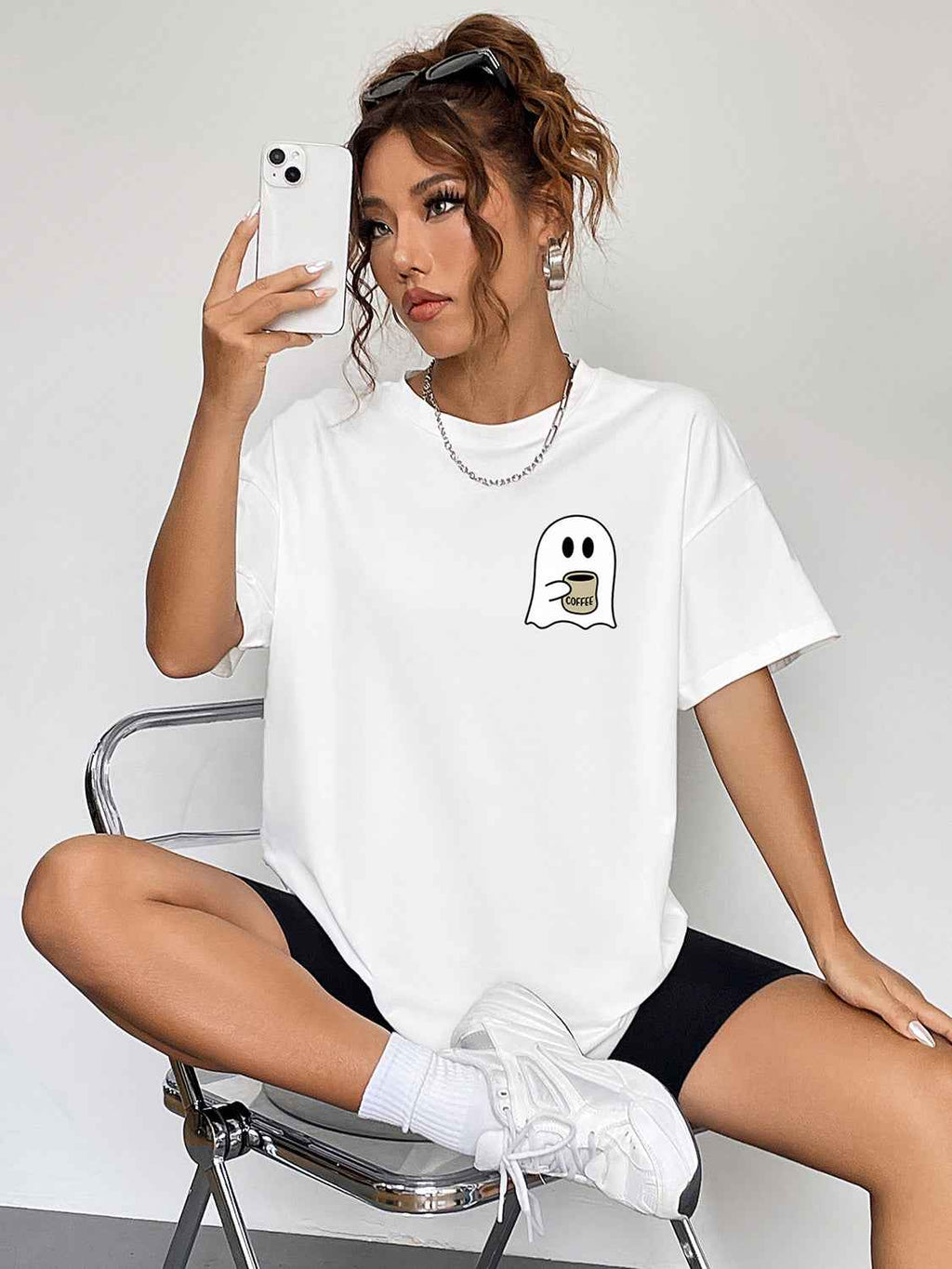 Round Neck Short Sleeve Ghost Graphic T-Shirt White a4610c8ace744c768b796b5a0d79c8bb-Max