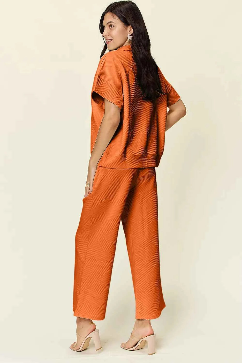 Double Take Full Size Texture Half Zip Short Sleeve Top and Pants Set a462a973-3dde-4f01-9946-e95b10bac1dc-Max