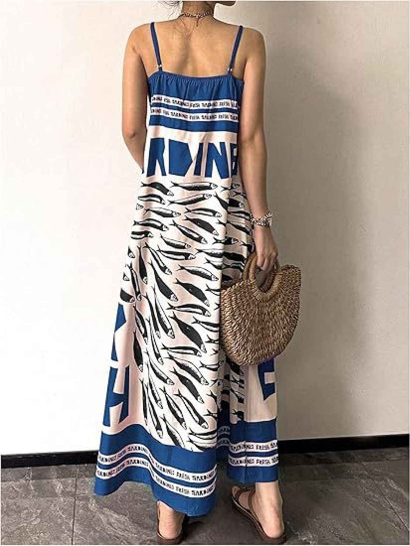 Sardine Print Spaghetti Strap Maxi Dress a466f03809bb4b4a9183b84546b4b341-Max