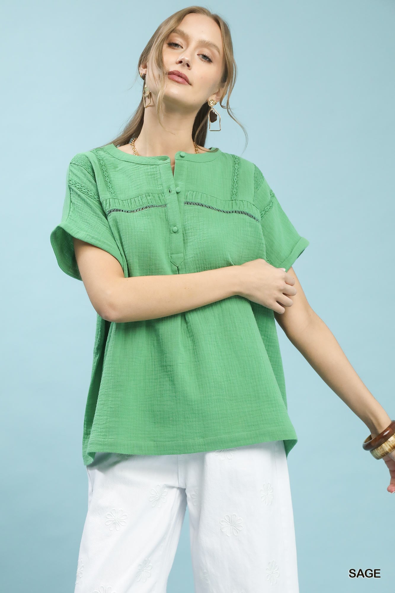 Umgee Textured Gauze Split-Neck Boho Blouse SAGE a46d6b6a-b054-44a4-a3d2-e97cd4544608-Max
