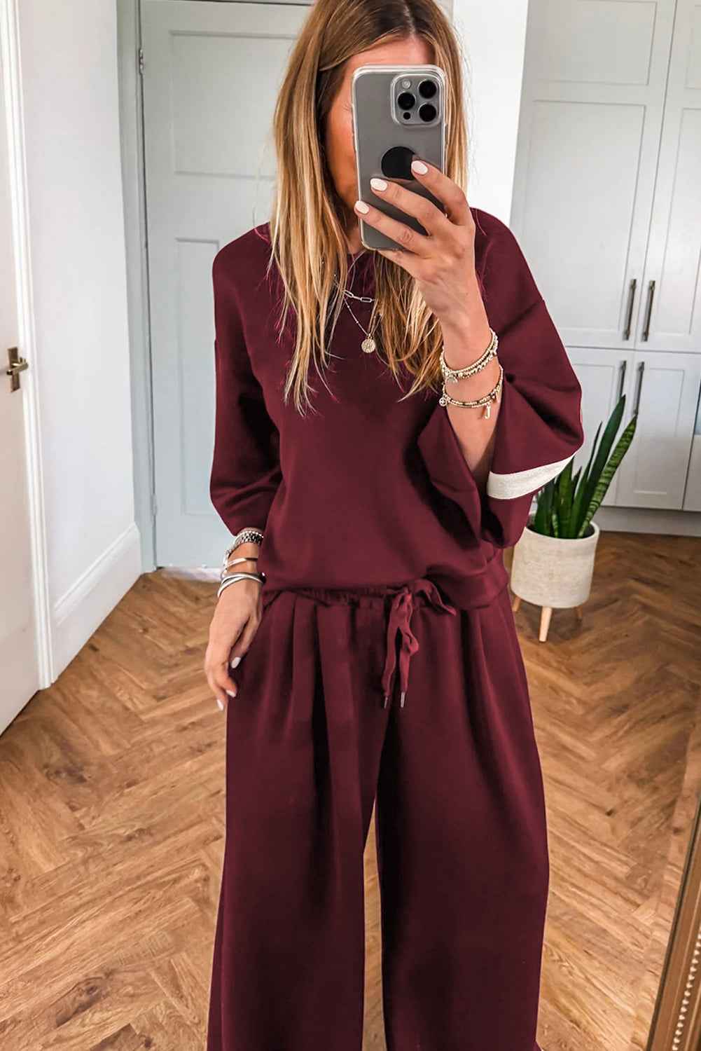Burgundy Varsity Striped 3/4 Sleeve Pullover Drawstring Sweatpants Set a4700f13be9682f3