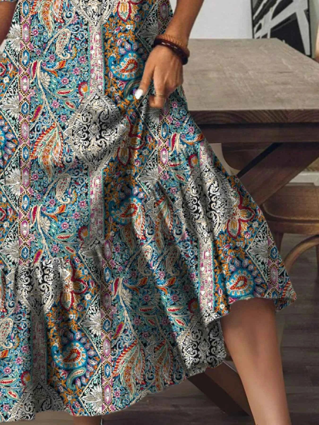 Full Size Bohemian Paisley Print V-Neck Midi Dress Plus Size