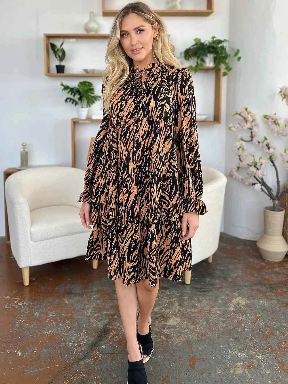 Double Take Full Size Printed Ruffle Hem Long Sleeve Dress a473f5b9-c26a-4c83-8762-0a8e08fb33b6-Max
