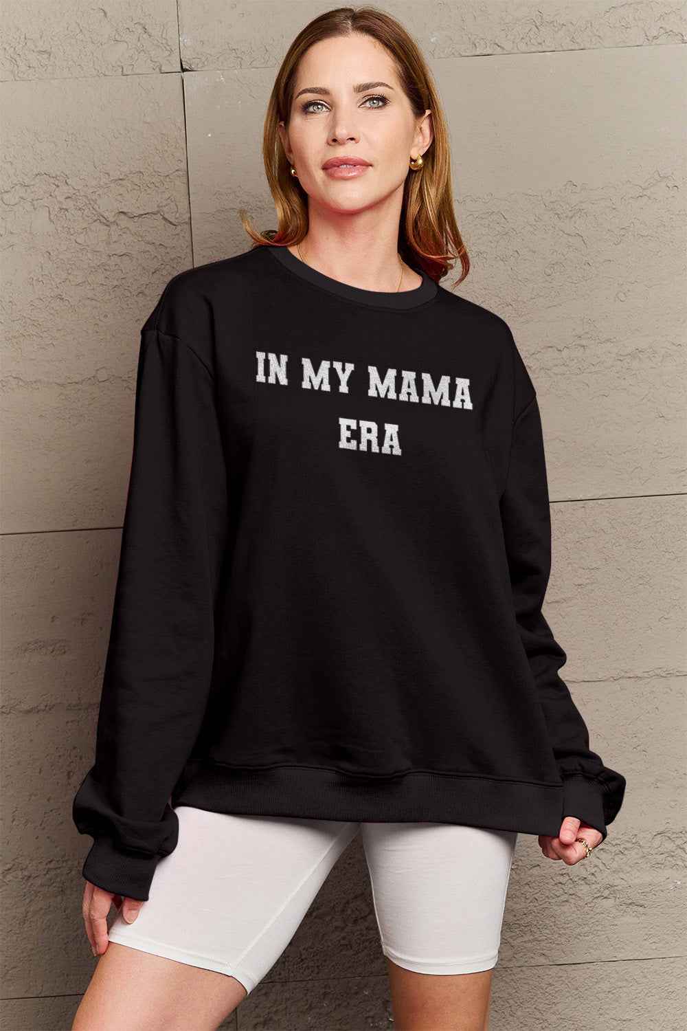 Simply Love Full Size IN MY MAMA EAR Graphic Sweatshirt Black a475895d28c1414497f7f57ec93bfd3f-Max