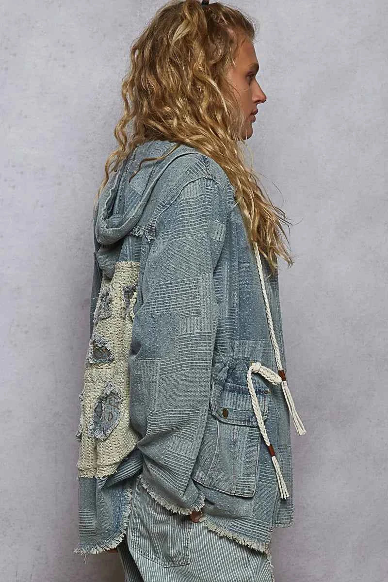 POL Raw Hem Drawstring Zip Up Hooded Denim Jacket a4764e3a-1ea7-4808-b5de-6b0e1a0dadad-Max-Origin