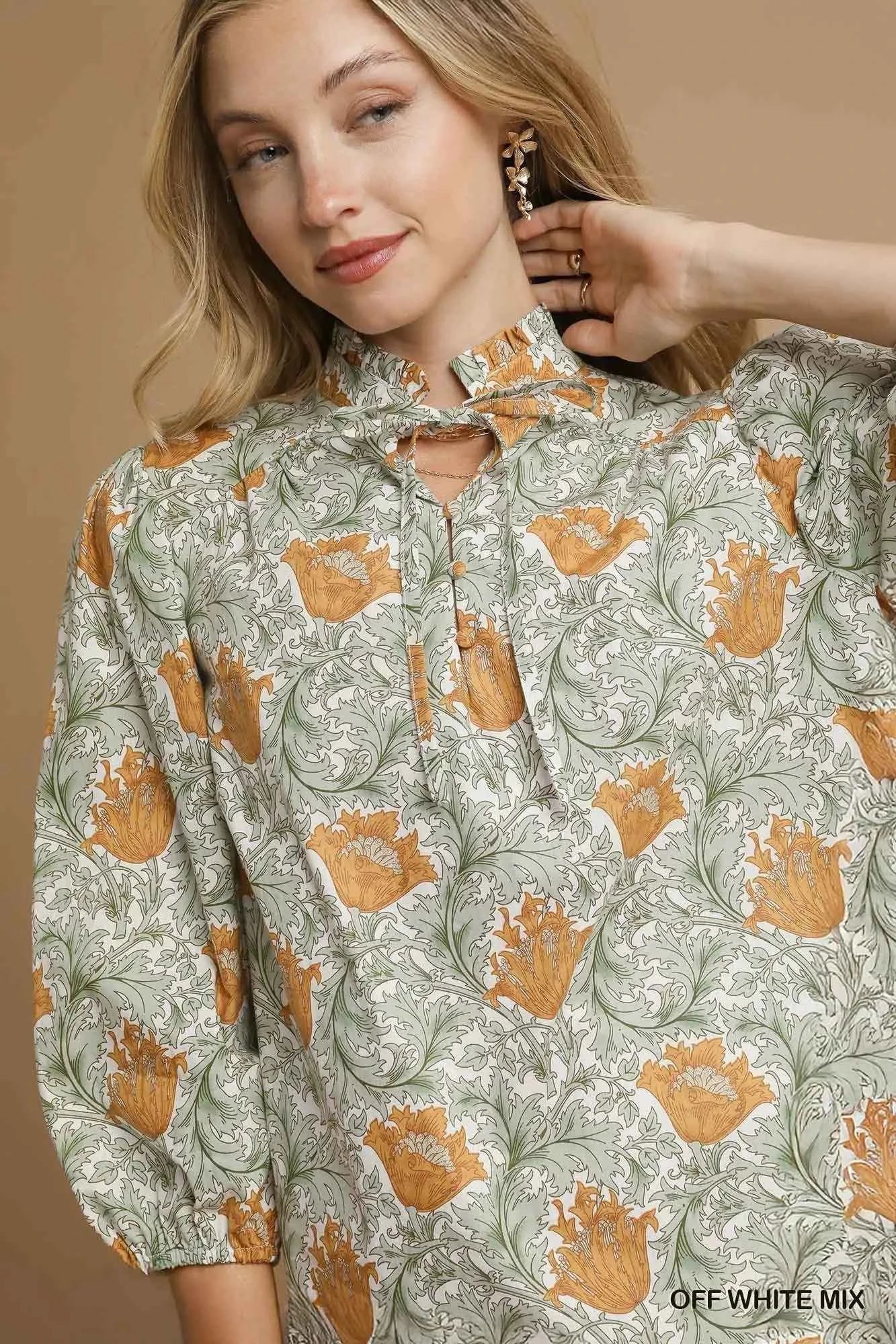 Umgee Floral Print Tie Neck 3/4 Sleeve Blouse OFF WHITE MIX a4765894-ee0d-4a7e-94df-433a3b511ed7-Max-Origin