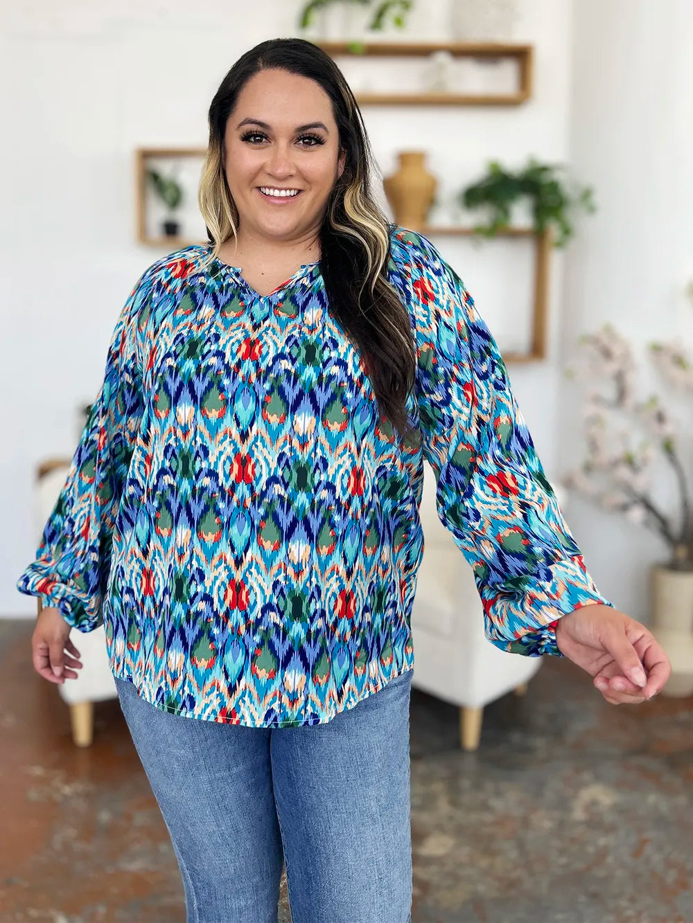 Double Take Full Size Printed Balloon Sleeve Blouse a47869c0-a0b9-4f15-a4c4-cfc5c173ef75-Max