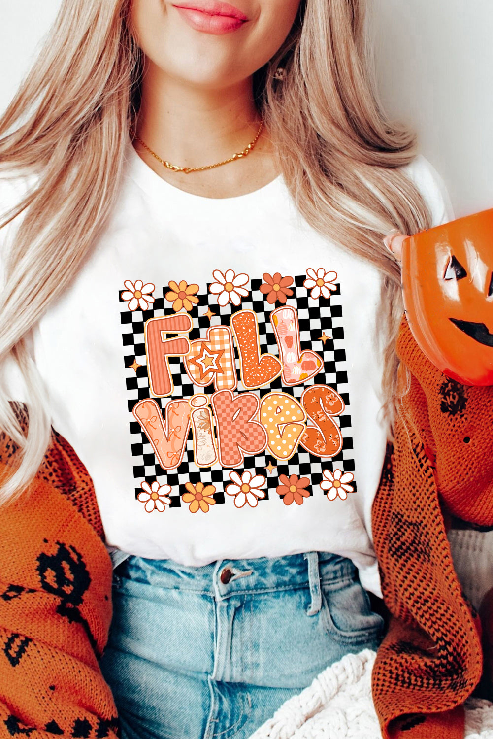 White FALL VIBES Heat Transfer Printing Cute Graphic Tee White 62%Polyester+32%Cotton+6%Elastane a47a94b078d111a0