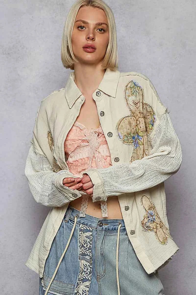 POL Button Down Exposed Seam Flower Print Patch Shirt with Crochet Long Sleeve Cream a47e2d25-0f9c-4460-b5e9-ba3292923c27-Max-Origin