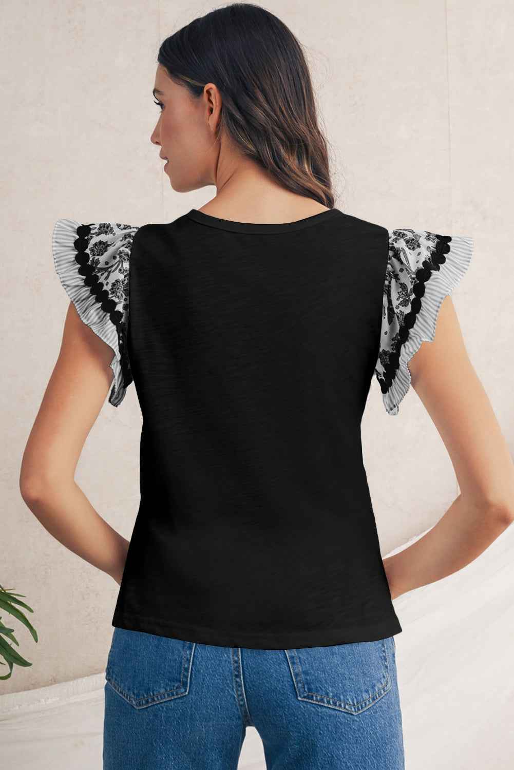 Blue Floral Striped Patchwork Flutter Sleeve Blouse a47ee8528af38767