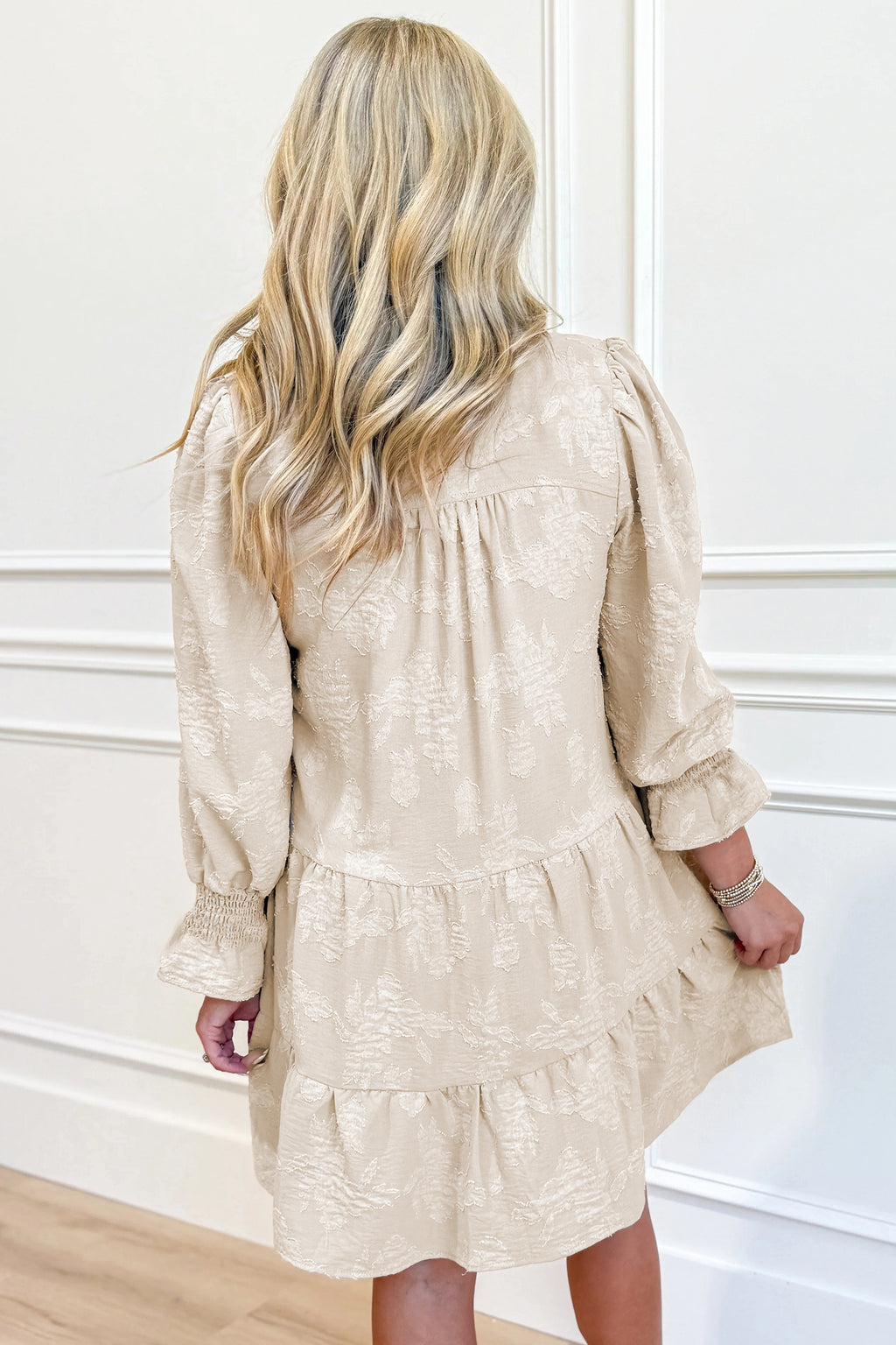 Parchment Long Sleeve Notched Neck Jacquard Tiered Mini Dress a4800dc0f7a25eb2