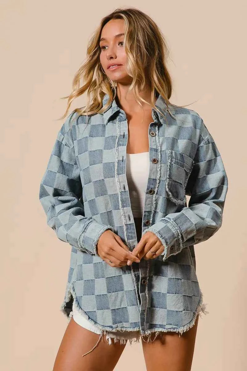 BiBi Frayed Edged Detail Washed Checker Denim Shirt a486fb95515f4820bd86fad6b68c287b-Max-Origin