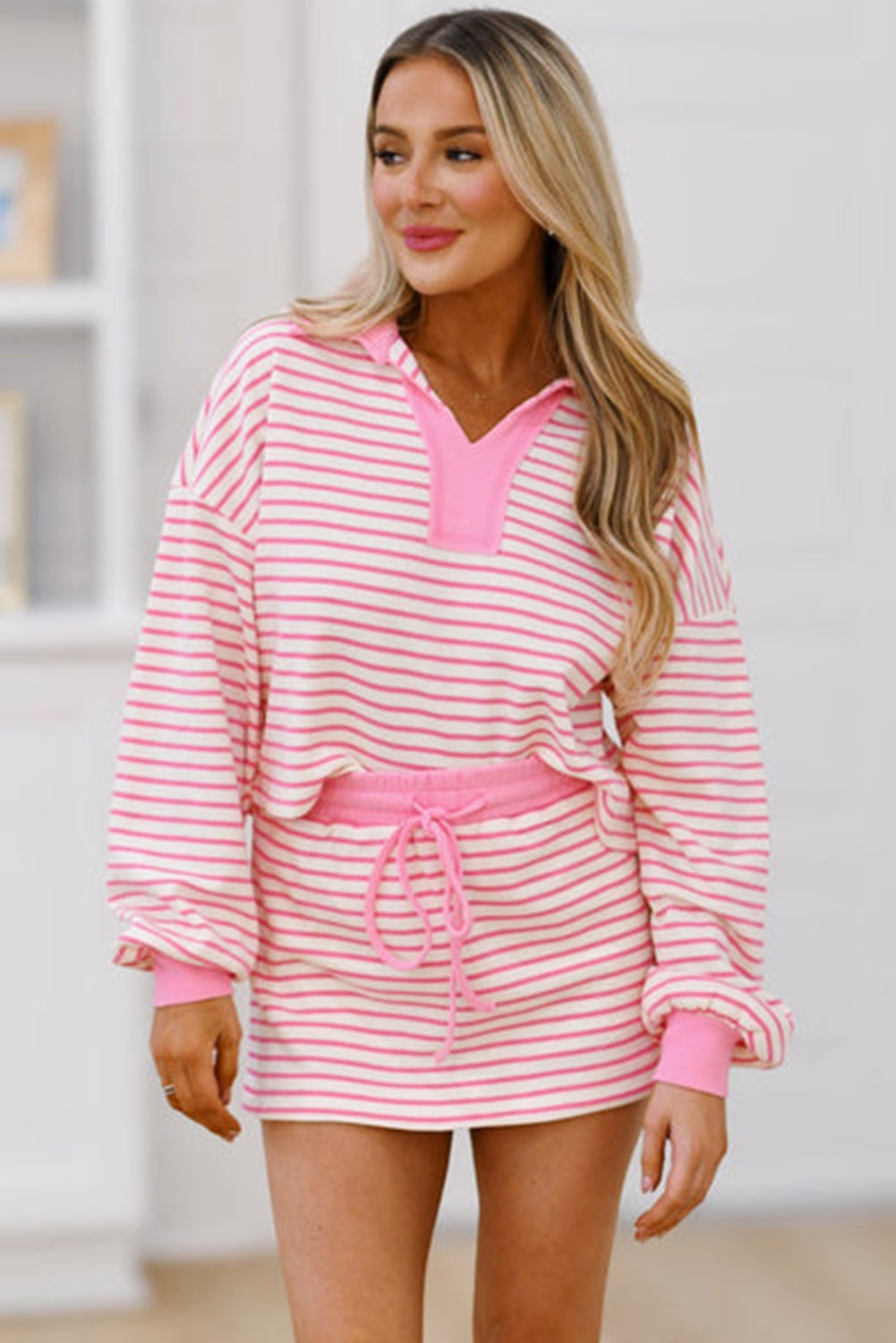 Green Striped Collared V Neck Drop Shoulder Pullover and Skirt Set a488864aed5583c9