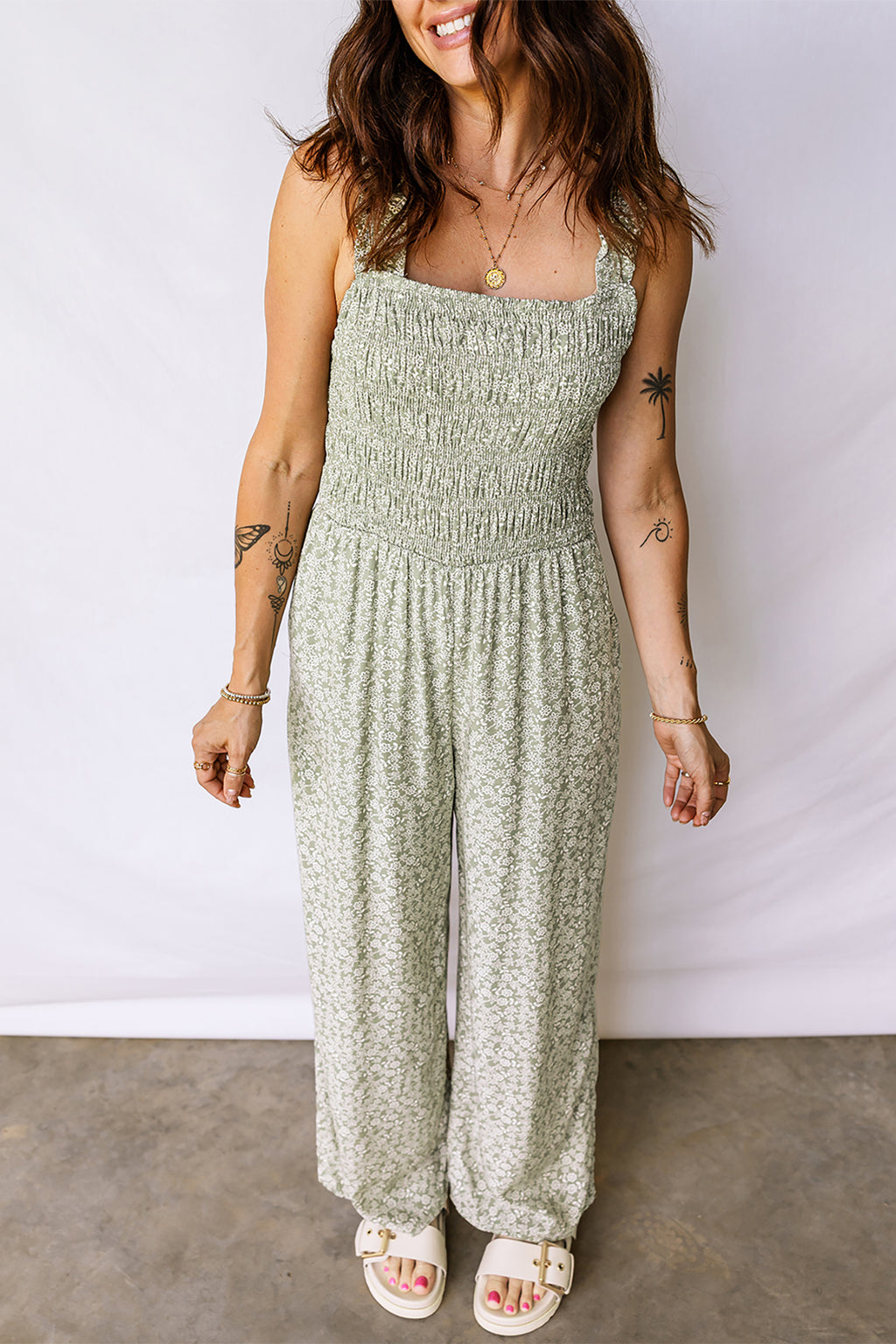 Green Smocked Bodice Square Neck Sleeveless Floral Jumpsuit a48b382b216bb3b6