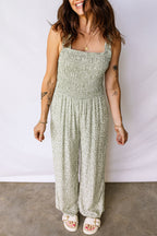 Green Smocked Bodice Square Neck Sleeveless Floral Jumpsuit a48b382b216bb3b6