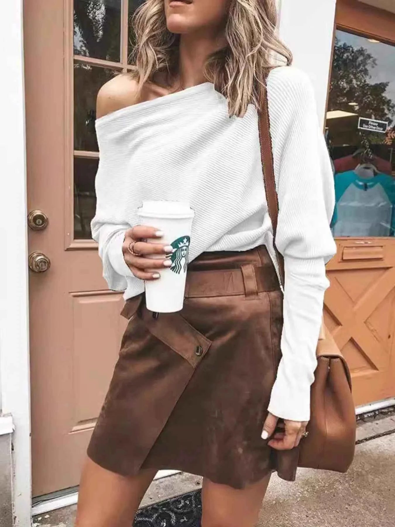 Full Size One-Shoulder Ribbed Sweater Plus Size