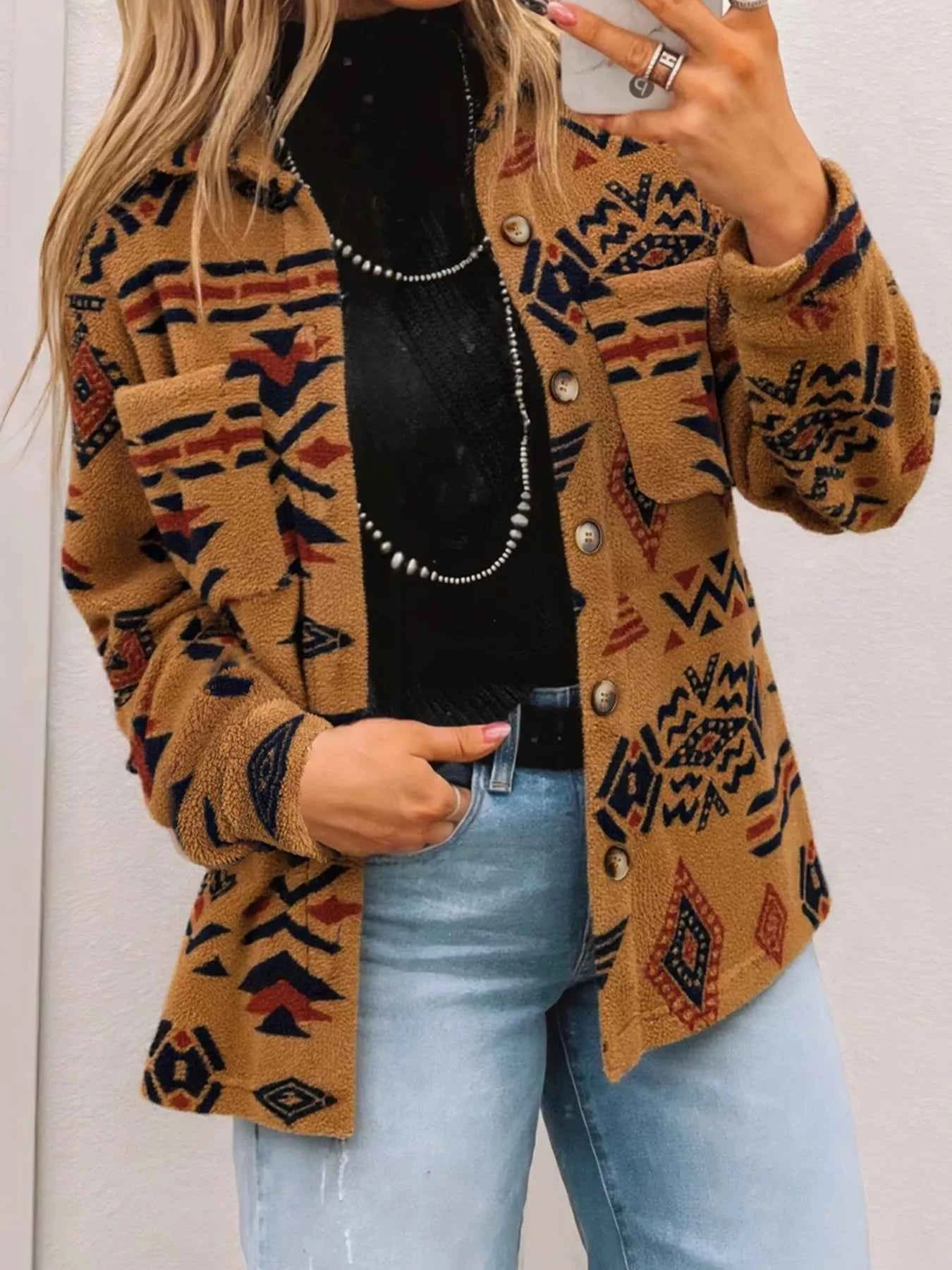 Western Aztec Pattern Fleece Button-Up Shacket Caramel a4908f4f23b243cdaaa9238cf044d979-Max-Origin