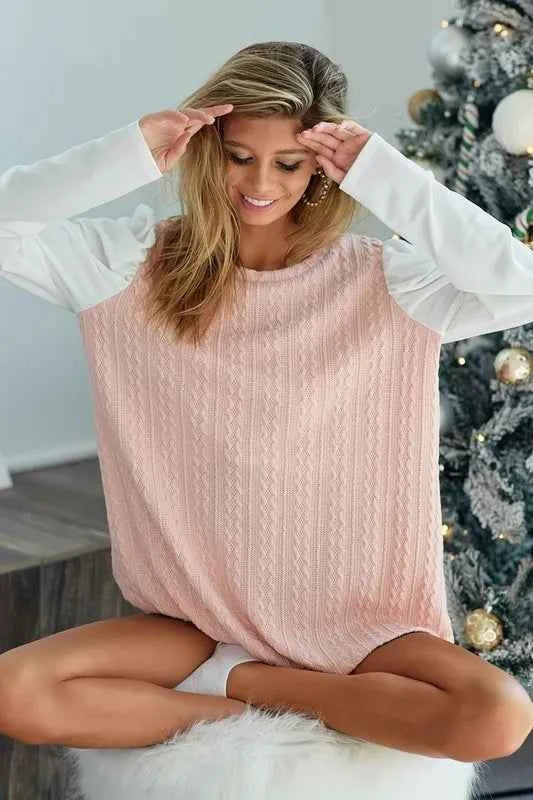 Cable Sweater Knit Top with Contrast Puff Sleeve a490a5b6a9a54706b52e24cbaa8b301e-Max-Origin