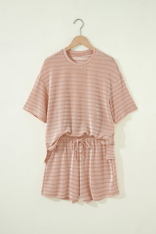 Khaki Stripe Raised Rib Loose Tee Drawstring Elastic Waist 2pcs Short Set a491297d139b577f