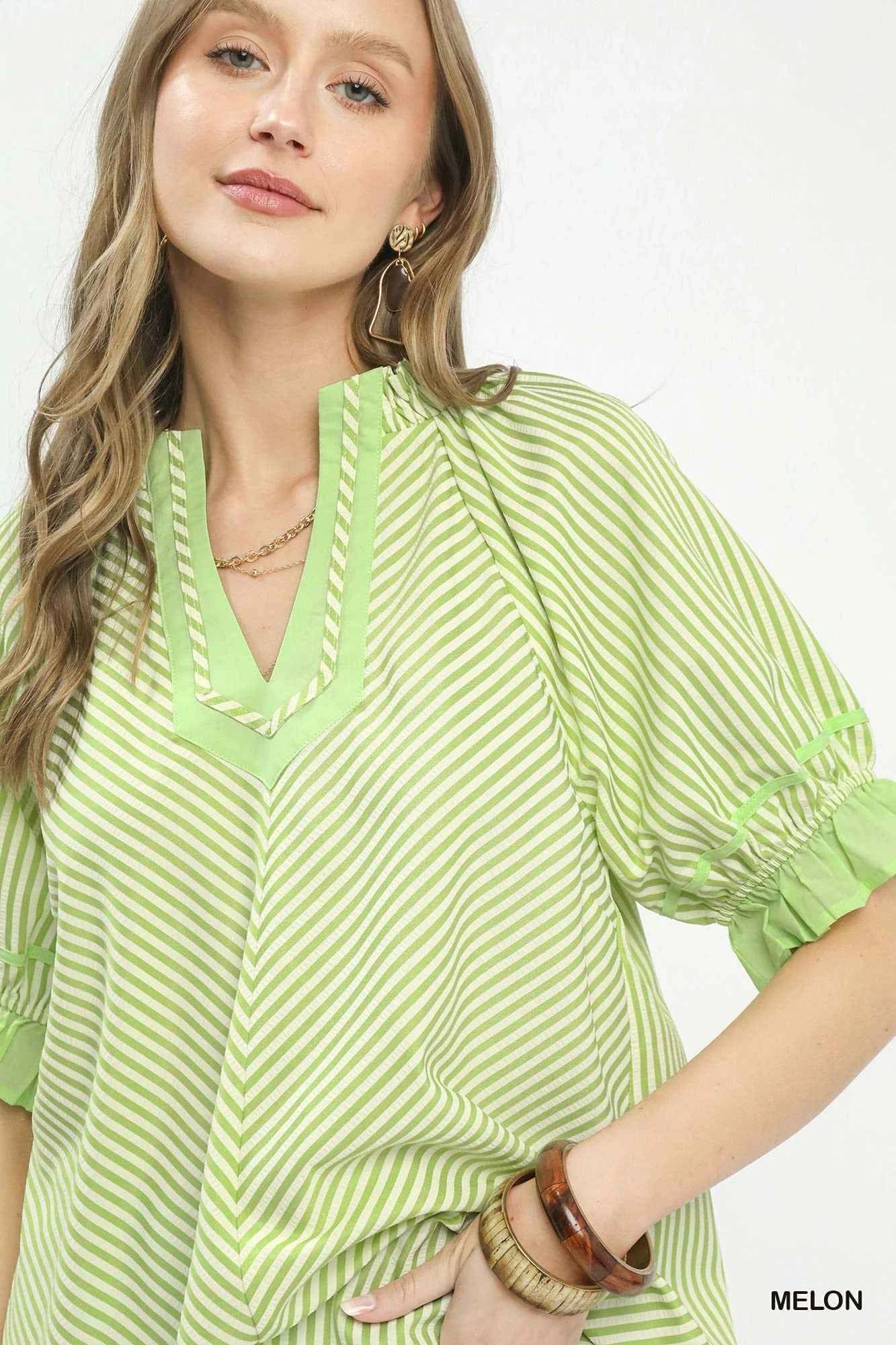 Umgee Stripe Ruffle Sleeve Split-Neck Blouse a491a52f-6f17-4475-b5f7-1d59c616e24c-Max