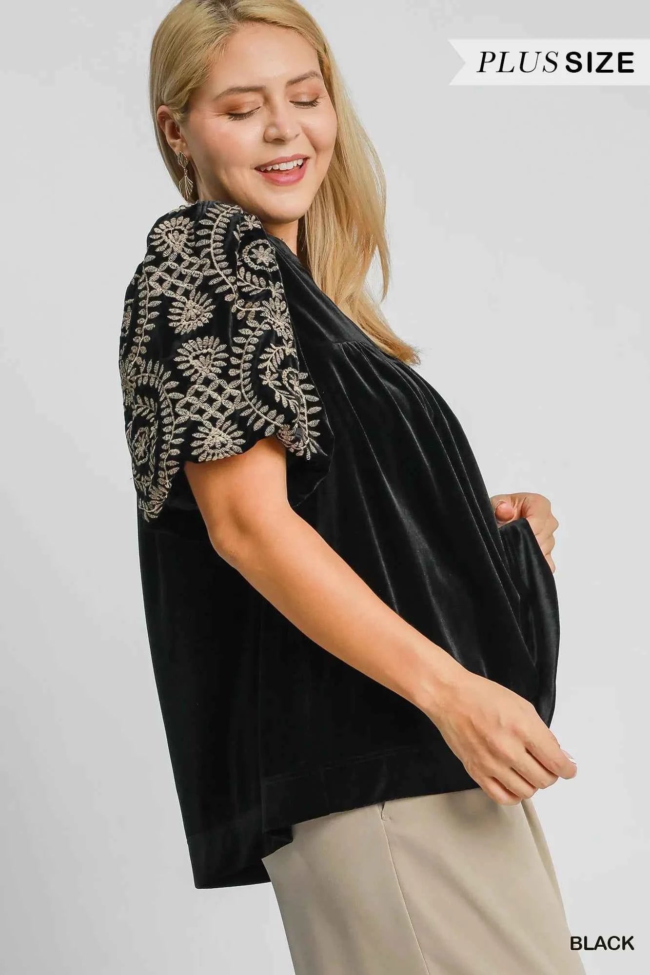 Umgee Full Size Velvet Embroidered Sleeve Blouse Plus Size a4974510-e02e-499a-b65a-89b127306ca4-Max-Origin