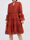 Ruffle Lace Trim Long Sleeve Dress Red a4996777-36e7-427d-b64a-c19899e9ff87-Max-Origin