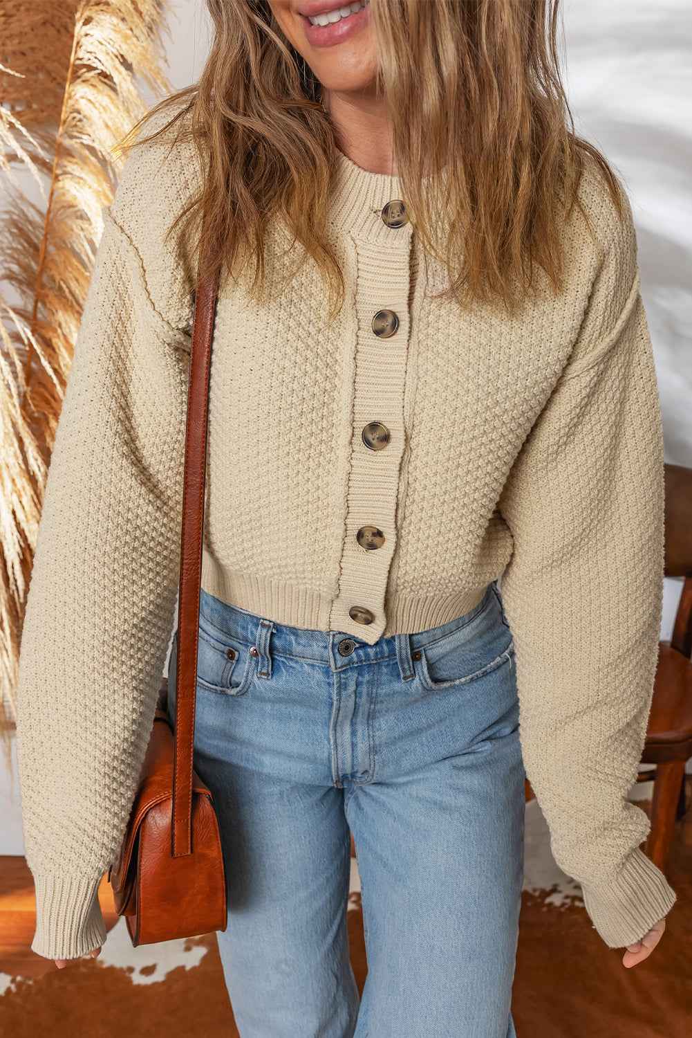 Beige Button Front Cropped Cardigan Sweater a4a015610b981b50