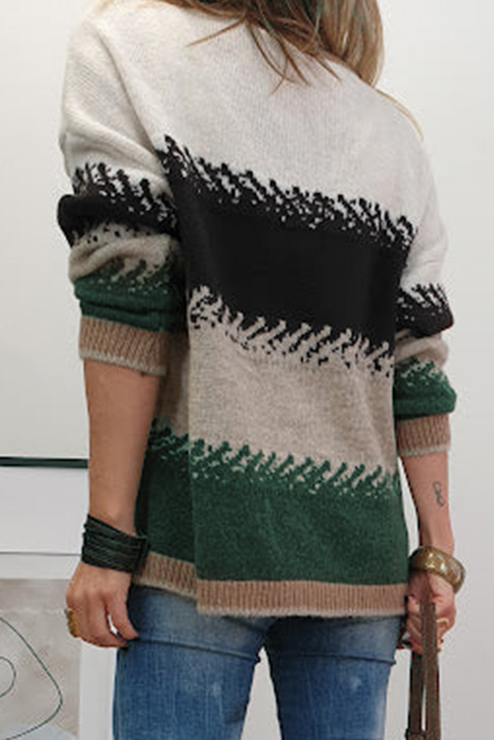 Black Stylish Color Block Pattern Drop Shoulder Sweater a4a189363756afb3