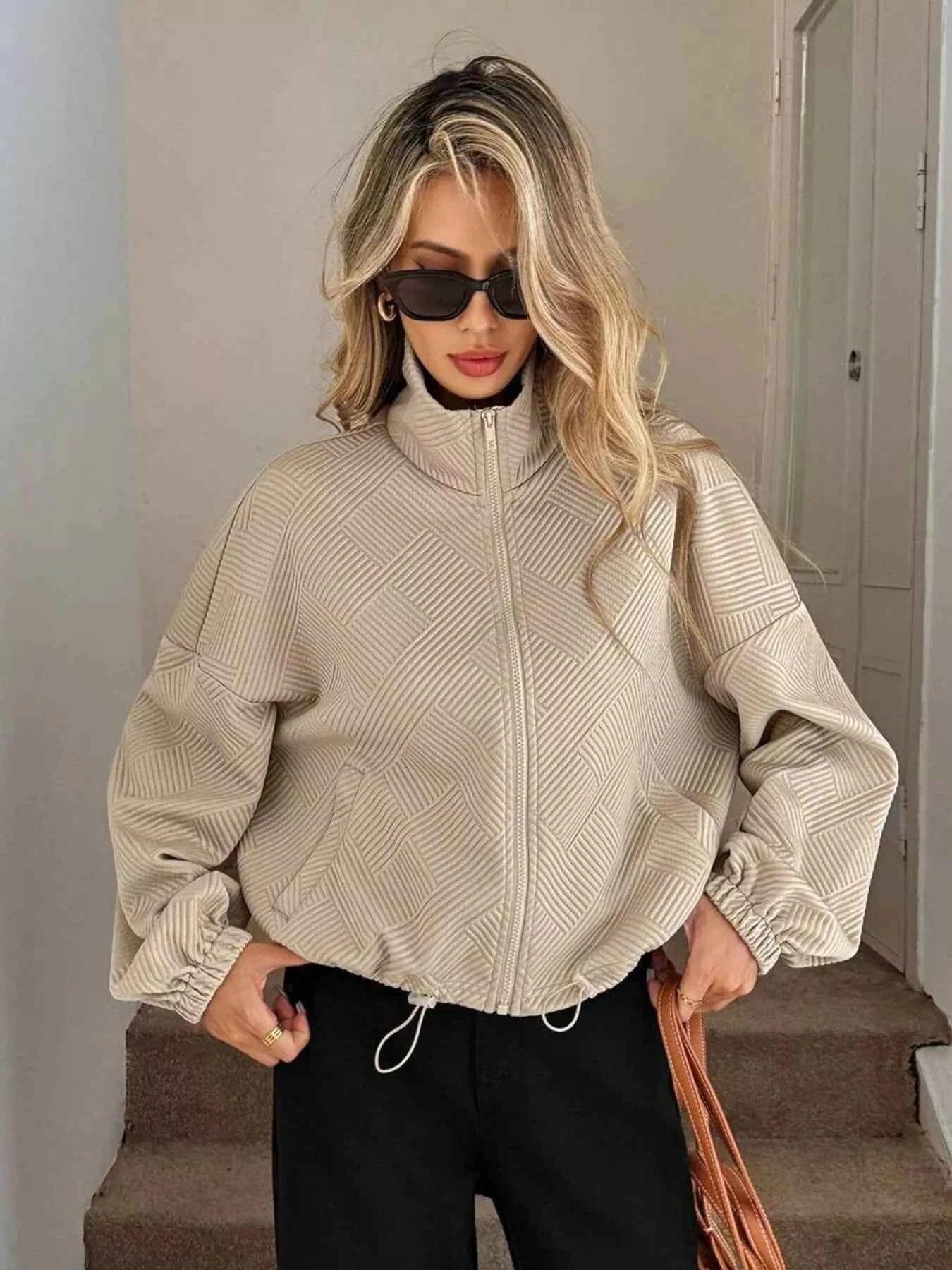 Drawstring Hem Textured Long Sleeve Jacket a4a4c3316d104f3f958e6556fb709524-Max-Origin