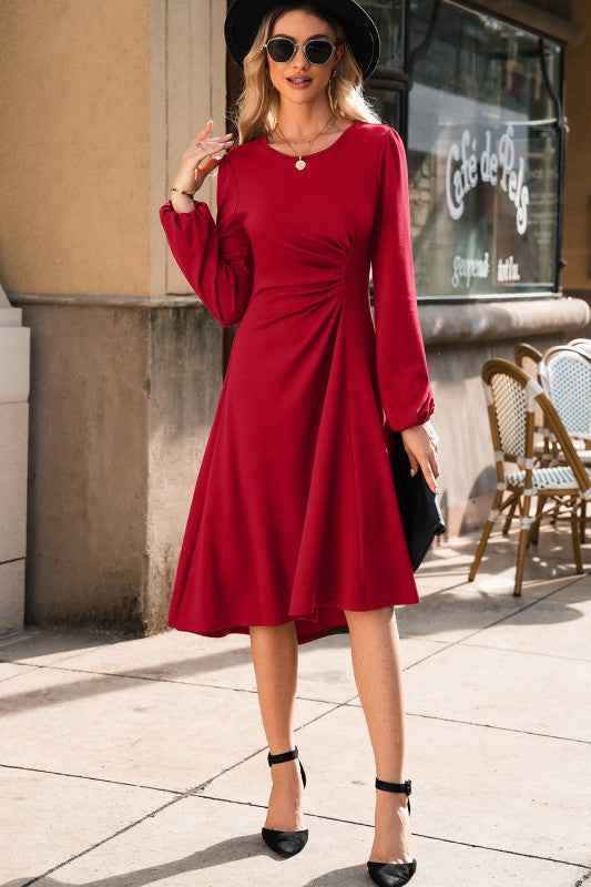 Solid Ruched Long Sleeve Midi Dress a4a9dd90-1786-455f-8cfa-2243baef4dca_e598f1d6-f641-4762-bea7-f3b71506d542