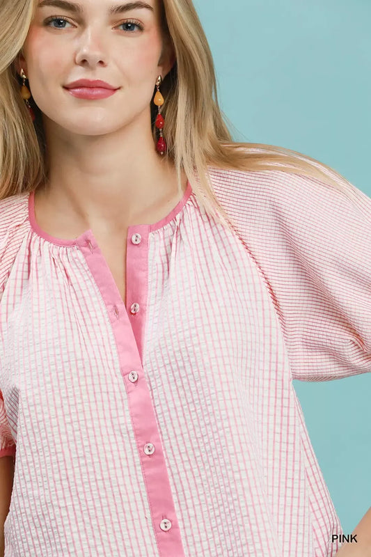 Checker Puff Sleeve Button Front Blouse a4aa0c4b-44f8-4718-b2a8-af90e7ad8d76-Max-Origin