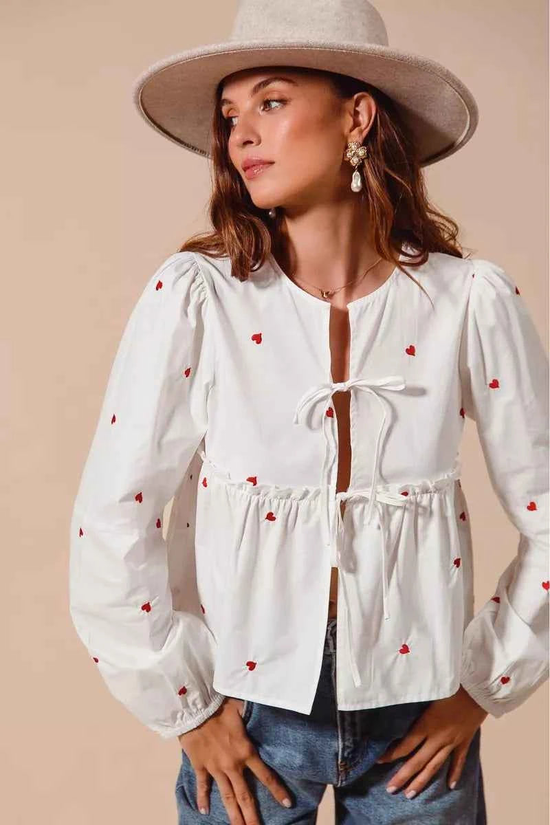 SO ME Front Tie Heart Embroidered Blouse With Puff Sleeve a4ac1d9dc2ea49c3a00b2b39f5644c69-Max-Origin